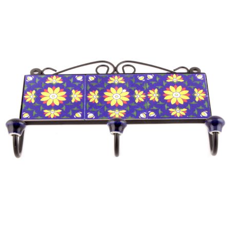 Navy Blue Yellow Sunflower Ceramic Tiles Hooks